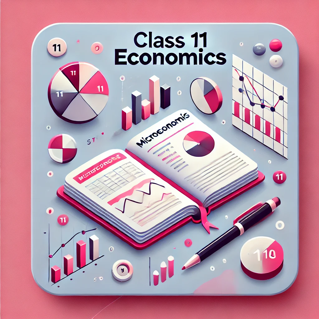 A professional and academic image for Class 11 Economics, featuring an open book, charts, and a pen on a desk with a soft pink background, symbolizing Microeconomics and Statistics.