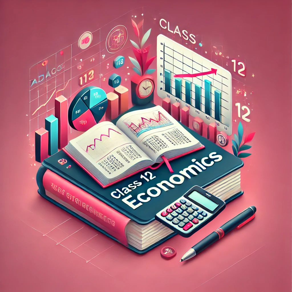 A professional and academic image for Class 12 Economics, featuring an open book, financial charts, a pen, and a calculator on a desk with a vibrant soft pink background, symbolizing Macroeconomics and Indian Economic Development.