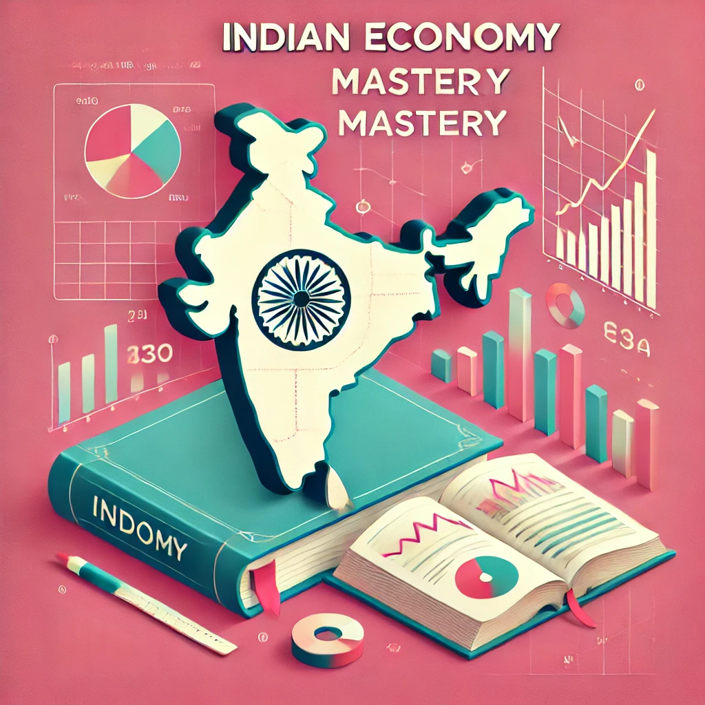 A detailed image representing the Indian Economy, featuring a map of India, economic data charts, and a textbook on a light pink background.