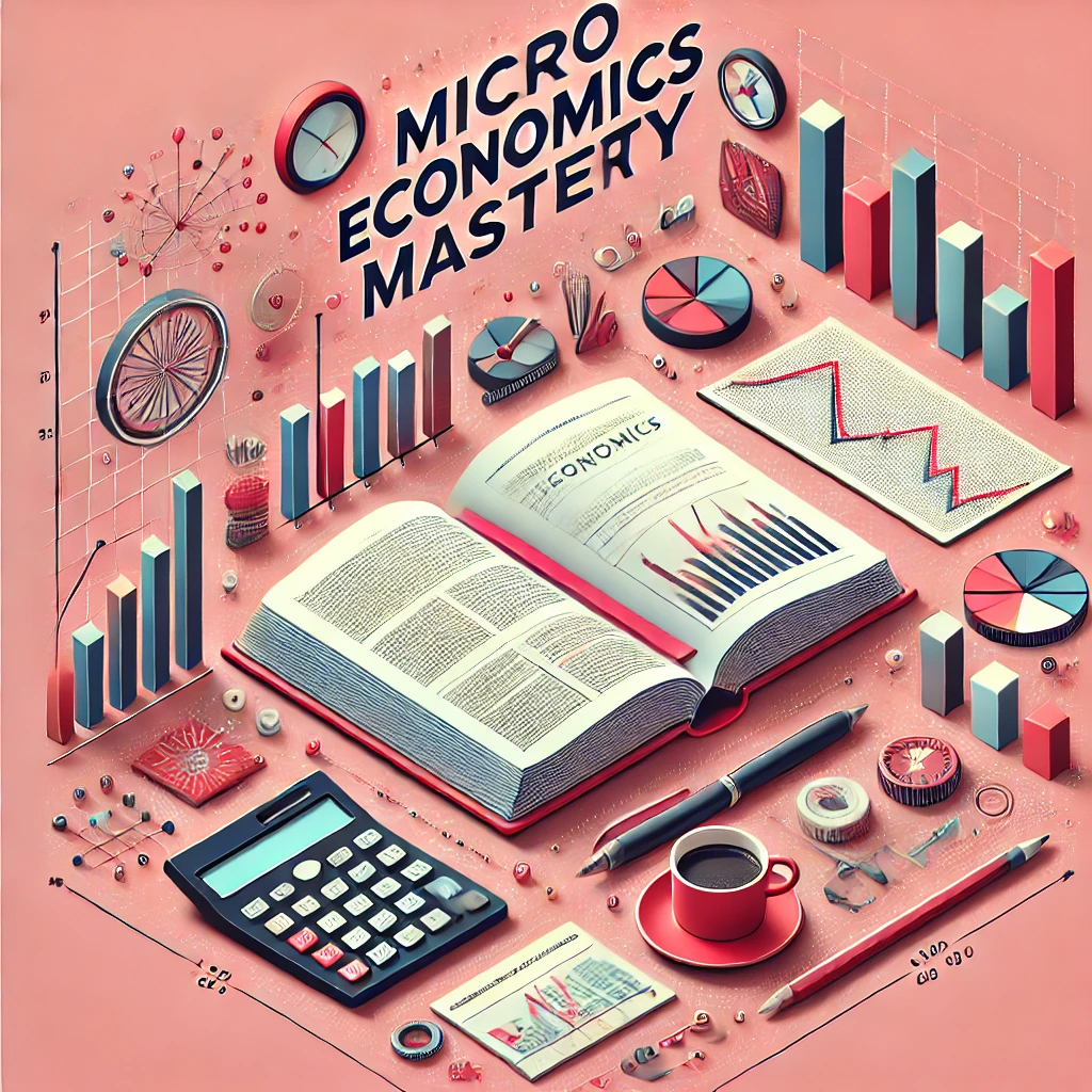 A professional image representing Microeconomics, featuring a desk with an open book, graphs, and a calculator on a light pink background.