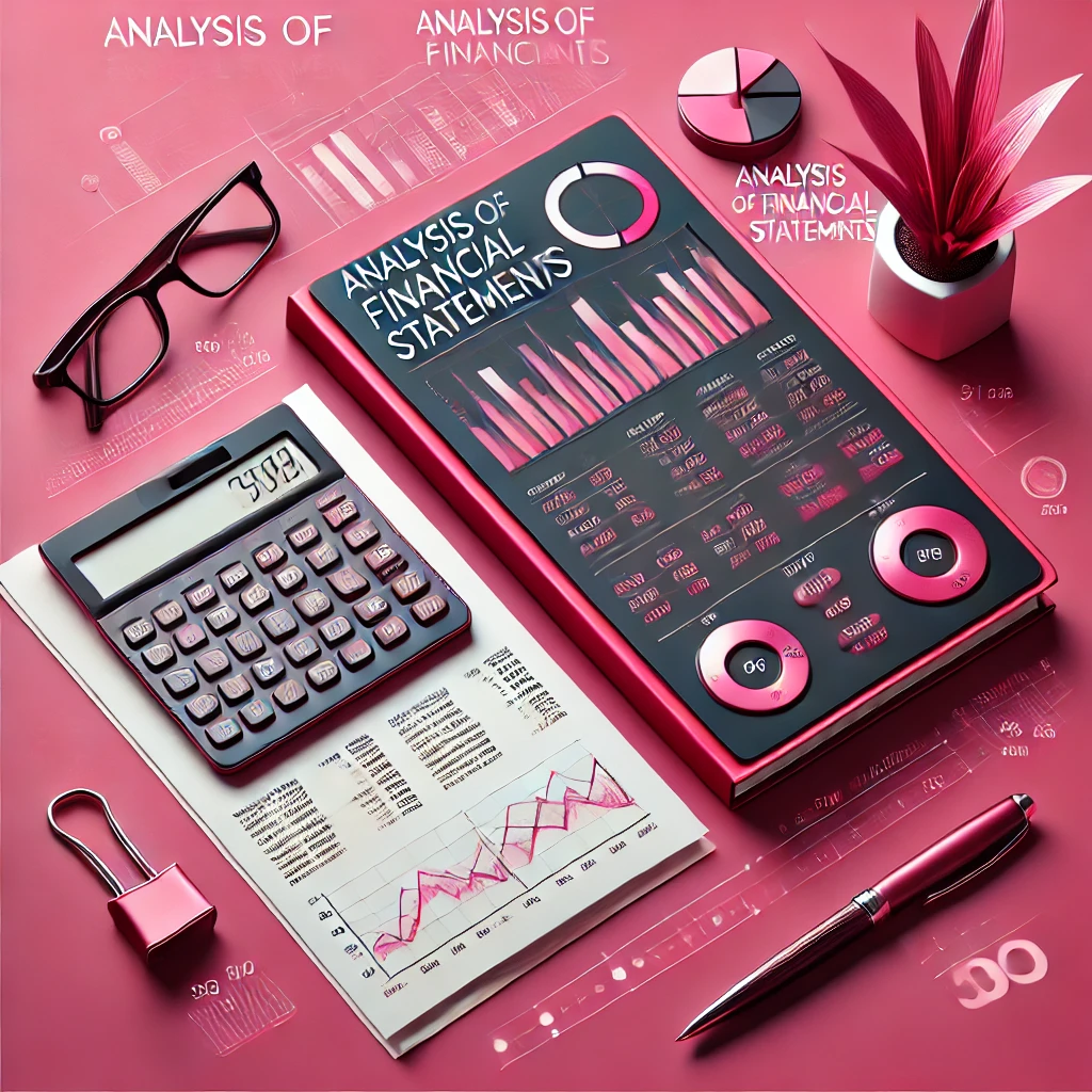 An image for Analysis of Financial Statements, featuring financial charts, a calculator, and a pen on a vibrant pink background.