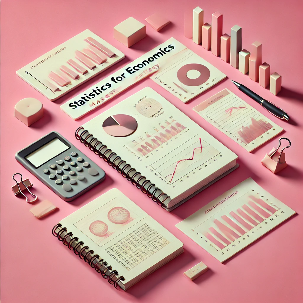 A professional image representing Statistics for Economics, featuring data charts, an open notebook, and a pen on a light pink background.