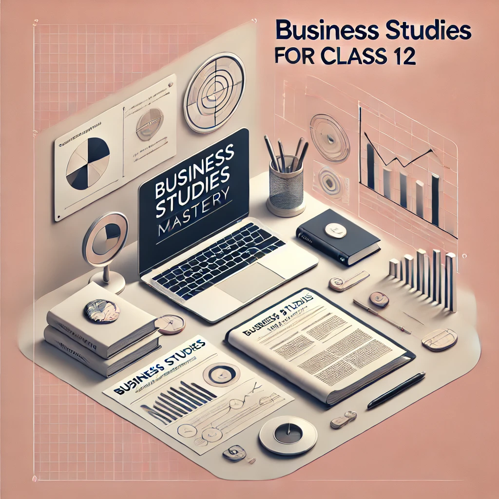 A professional image representing Business Studies Mastery for Class 12, featuring a clean desk with business strategy documents, a laptop, and a pen on a soft pink background.