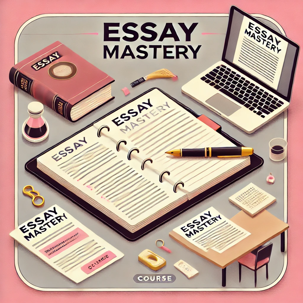 A professional image representing Essay Mastery, featuring an open notebook, draft papers, and a pen on a soft pink background.