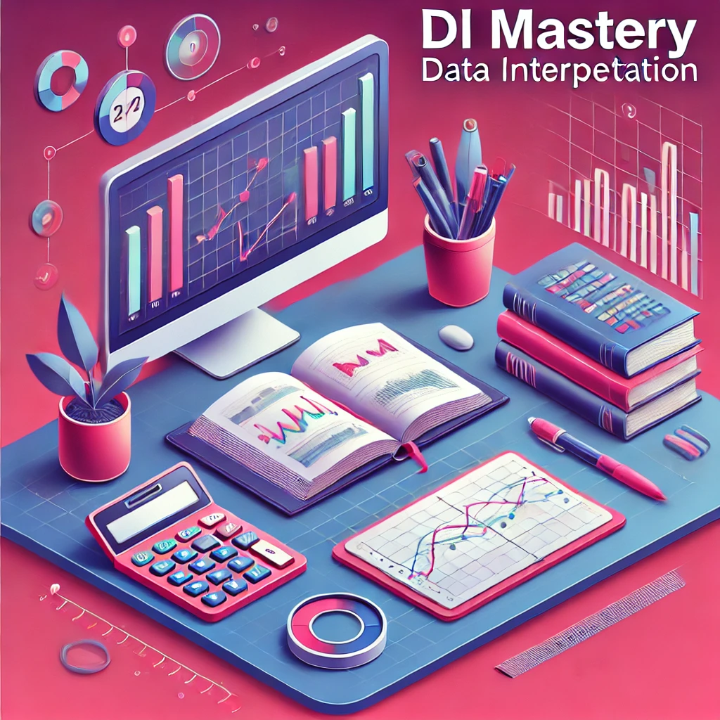A professional image representing DI Mastery, featuring graphs, charts, and a calculator on a desk with a vibrant pink background.