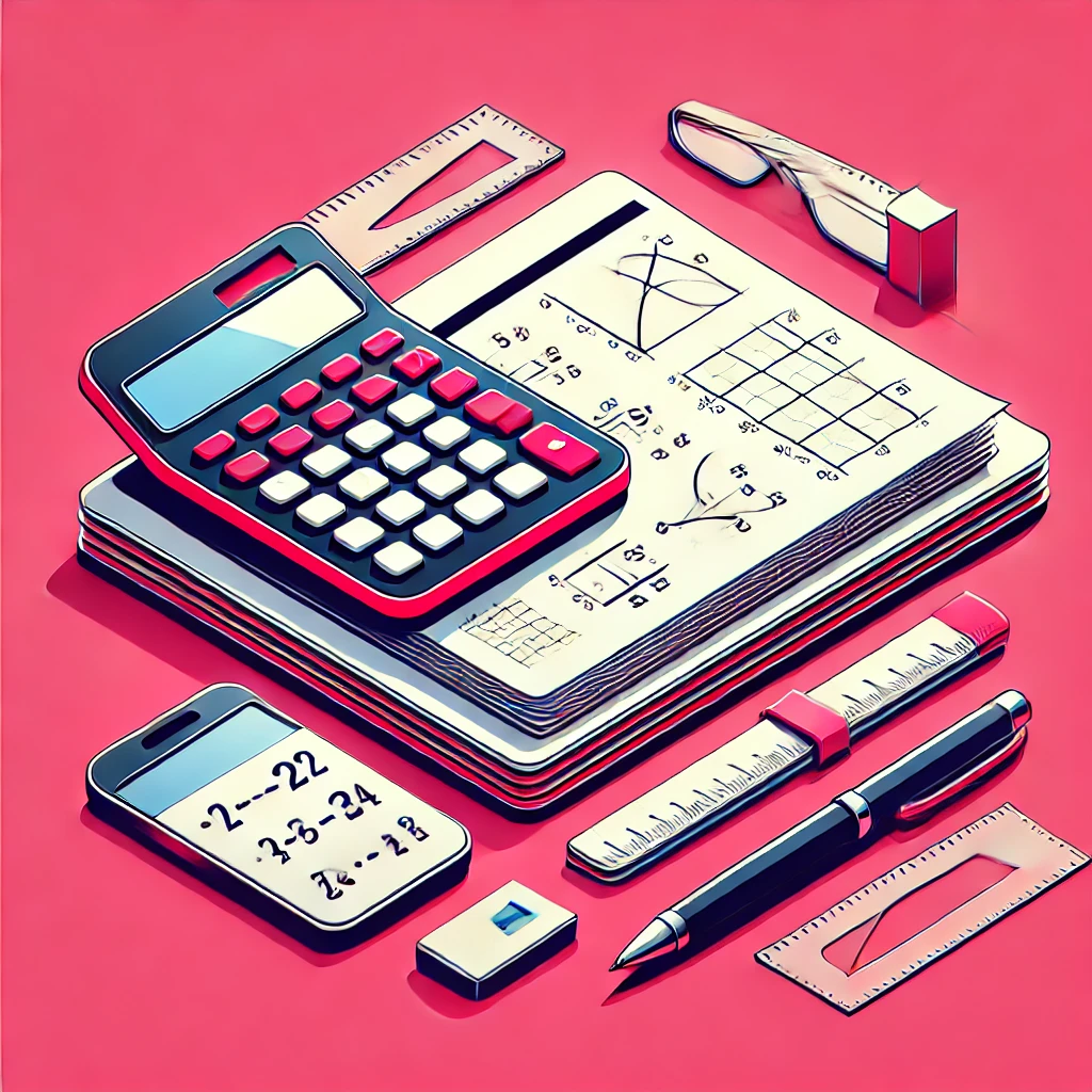 A professional image representing Numerical Ability Mastery, featuring mathematical problem-solving sheets, a calculator, and a notebook on a vibrant pink background.