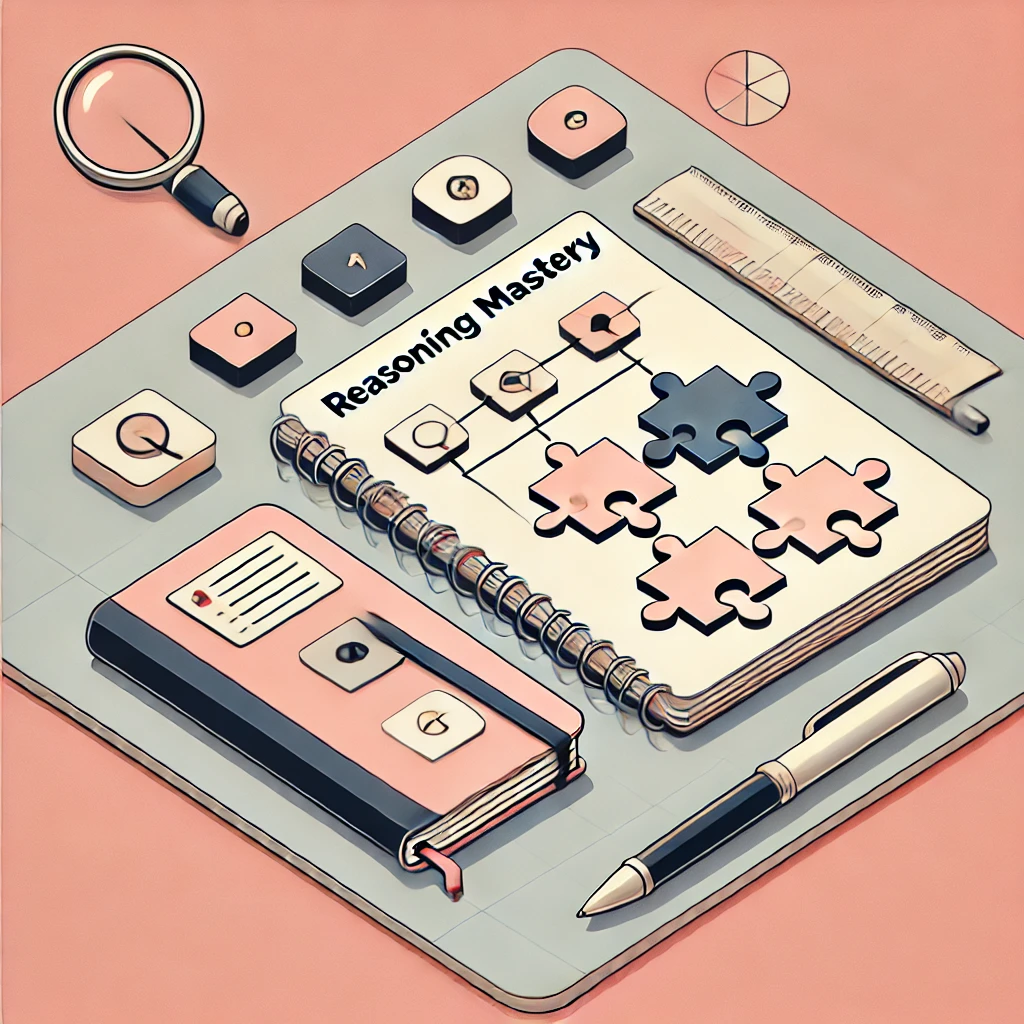 A professional image representing Logical Reasoning Mastery, featuring logic diagrams, a puzzle book, and a notebook on a vibrant pink background.